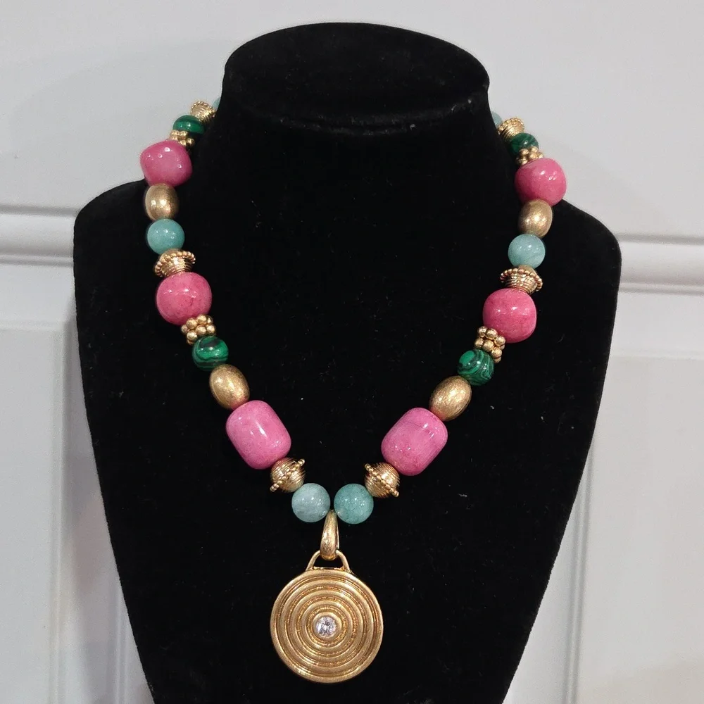 💕▪️ Piper K▪️Pink Marble & Dyed Quartz Malachite Beaded 16in CZ Necklace